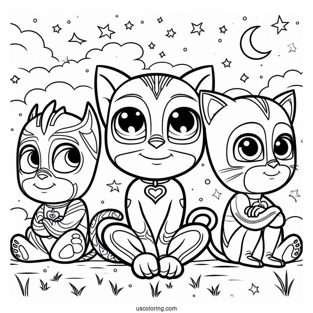 PJ Masks Coloring Page Of Gekko, Catboy, And Owelette In The Night Sky