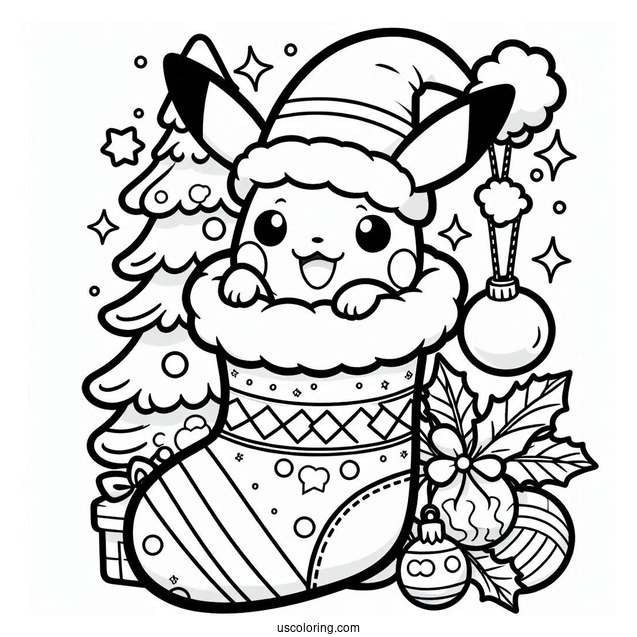 Pokemon Christmas Coloring Page Kawaii Pikachu Inside A Christmas Stocking For Kids