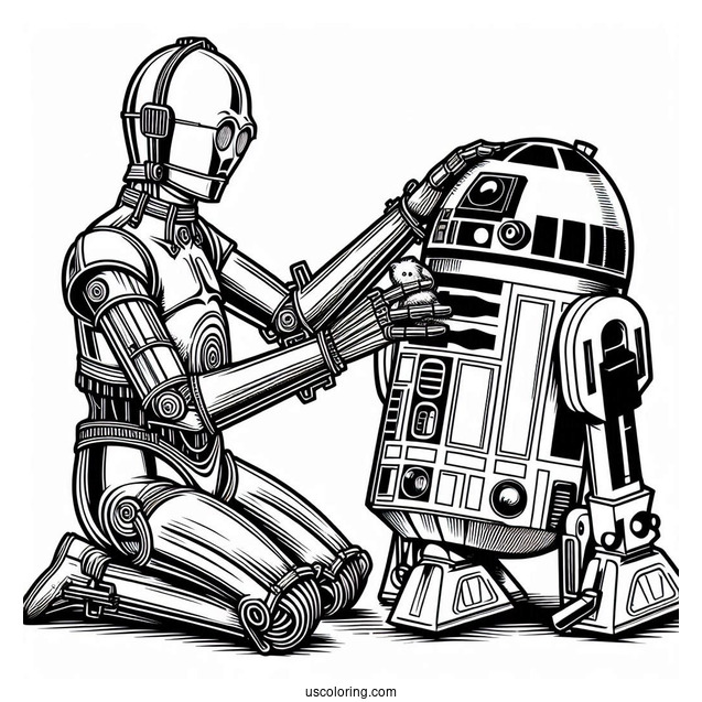 C3PO Petting R2-D2 Coloring Page
