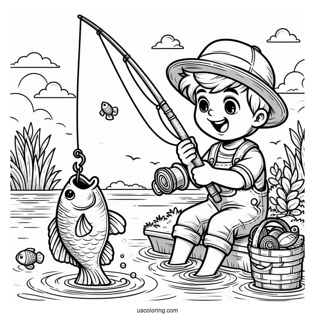 Fishing Coloring Page Of Boy Holding Up Fish With A Hook For Preschoolers