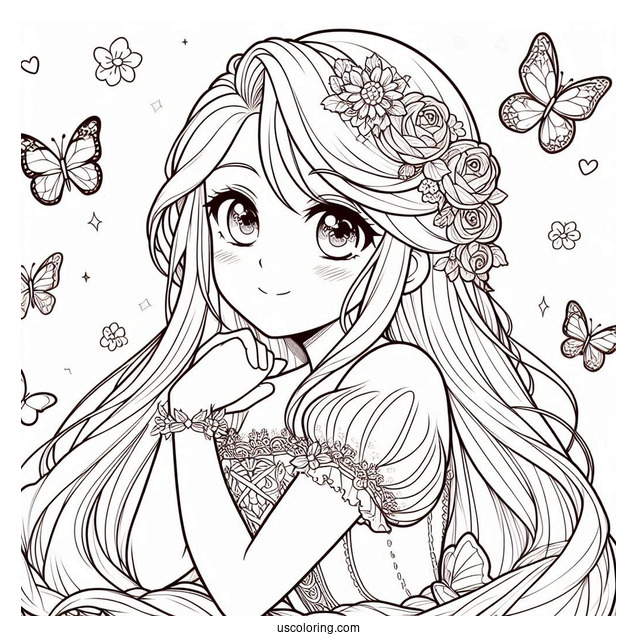 Princess Coloring Page Of Anime Rapunzel With Butterflies