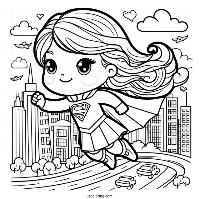 Cute Supergirl Coloring Page Flying Through The City For Preschoolers