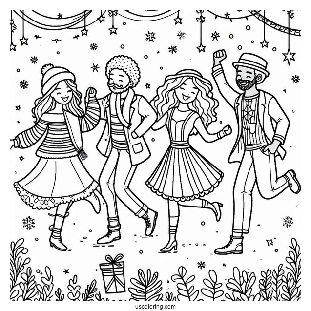Men And Women Dancing On New Year Coloring Page For Kids