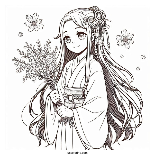 Nezuko Coloring Page Smiling And Holding Wildflowers