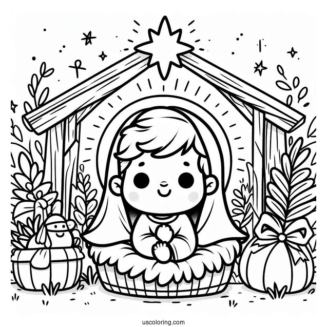 Nativity Coloring Page Of Cute Baby Jesus In The Manger For Kids