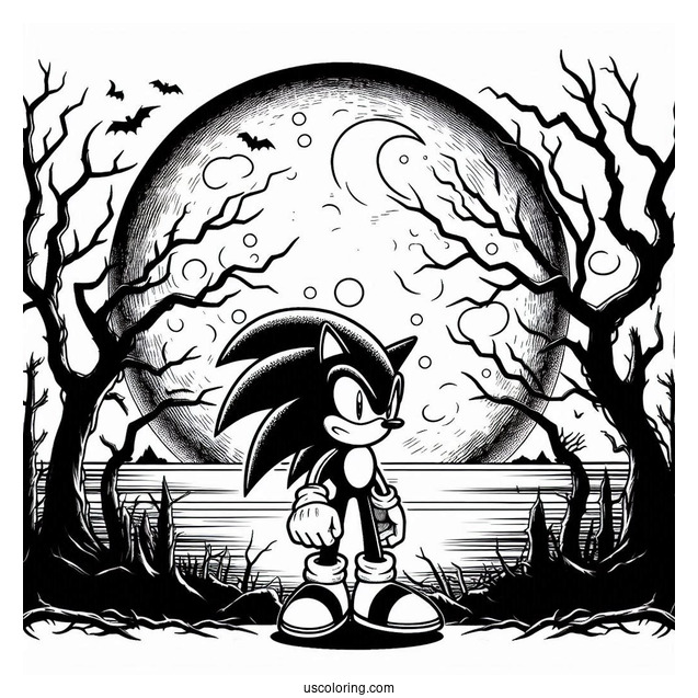 Creepy Sonic Exe Coloring Page With Dead Trees And Full Moon In Background