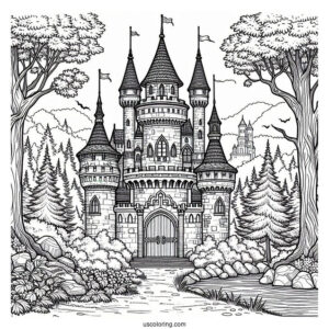 Detailed Medieval Castle Coloring Page In The Forest