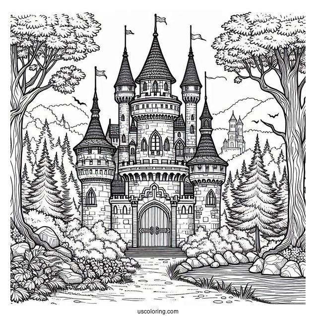 Detailed Medieval Castle Coloring Page In The Forest