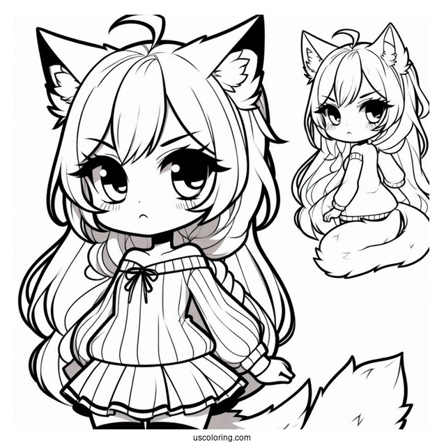 Serious Chibi Girl With Cat Ears And Tail Coloring Sheet