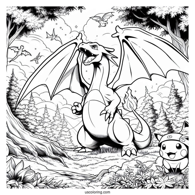 Realistic Charizard With Pikachu In The Forest Coloring Sheet