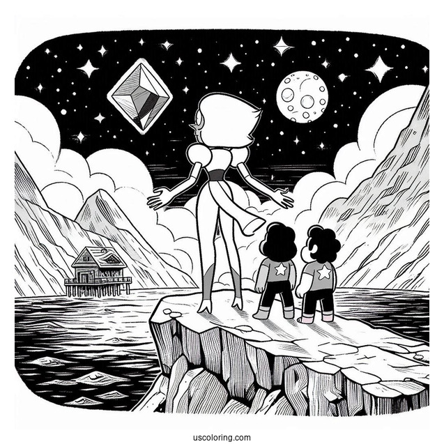 Steven Universe Coloring Page Of Garnet, Amethyst, And Pearl On Cliff with Spinel In The Background