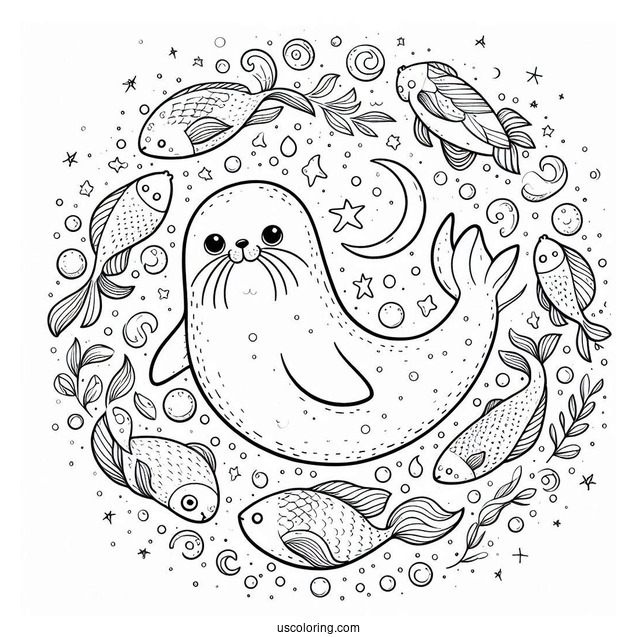 Simple Seal Coloring Page Surrounded By Fish