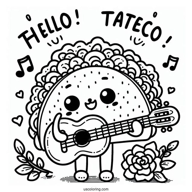 Father's Day Coloring Page Of Cartoon Taco Playing The Guitar With Punny Greeting