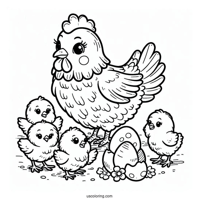 Mother Hen With Newborn Chicks To Color