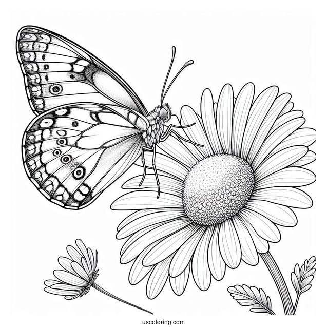 Side Profile Of Butterfly On A Daisy Coloring Sheet