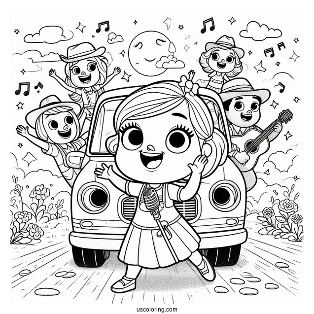 Sing Coloring Page Of Rosita, Gunter, And Friends Singing And Dancing In Front Of Car