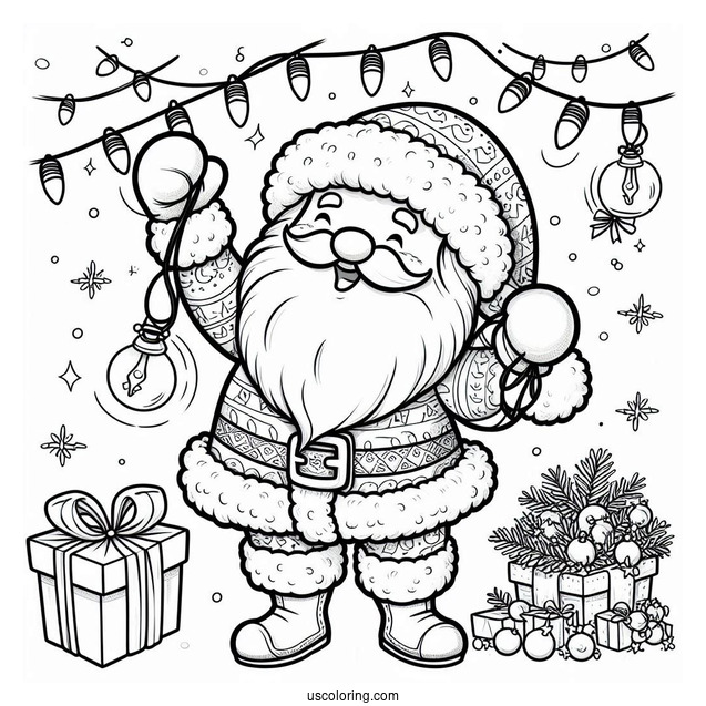 Jolly Santa Haning Up Christmas Lights To Color