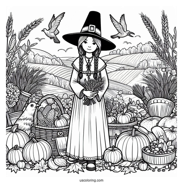 Pilgrim Coloring Page With Native Americans Surrounded By Harvest