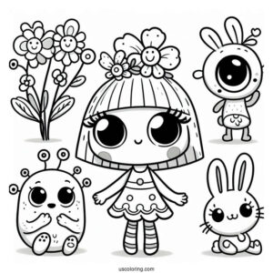Poppy Playtime Coloring Page Of Mommy Long Legs, Huggy Wuggy, Kissy Missy, Poppy, Bron, Boogie Bot, And Bunzo Bunny