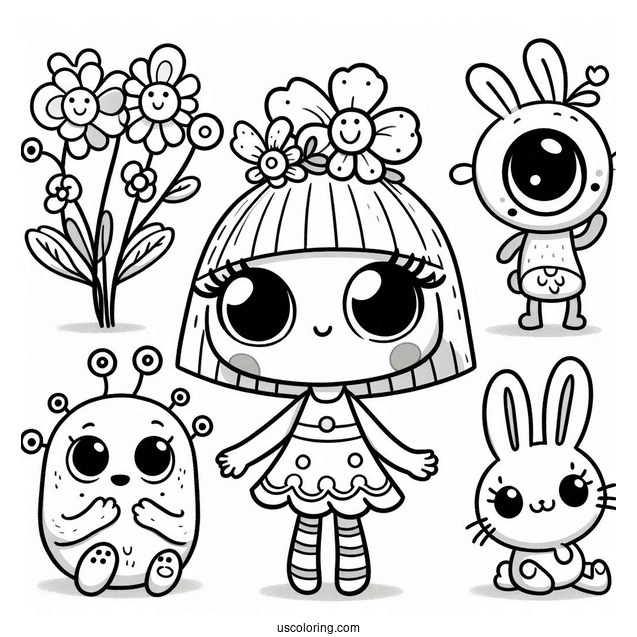 Poppy Playtime Coloring Page Of Mommy Long Legs, Huggy Wuggy, Kissy Missy, Poppy, Bron, Boogie Bot, And Bunzo Bunny