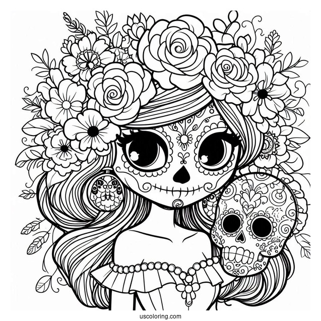 Girl In Sugar Skull Coloring Page Costume For Kids
