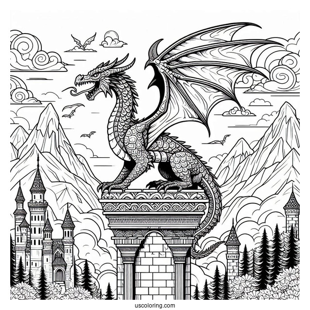 Dragon On Top Of Medieval Castle To Color