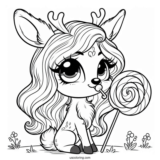 Rudolph Coloring Page Eating A Lollipop For Kids