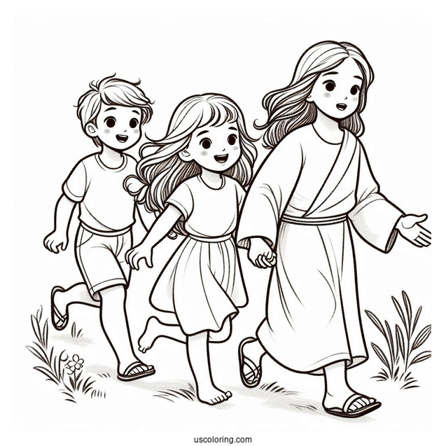 Kids Running To Jesus Coloring Page