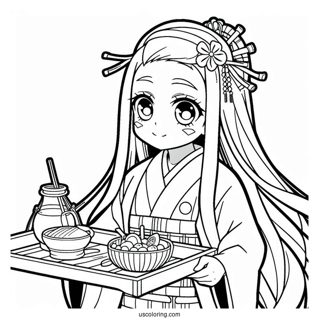 Nezuko Coloring Page And Muichiro Carring Tray Of Food