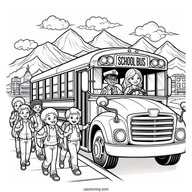 Cartoon School Bus With Students And Driver
