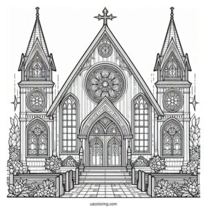 Church Coloring Page With Stained Glass Windows
