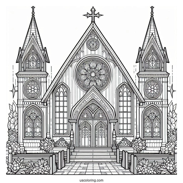 Church Coloring Page With Stained Glass Windows