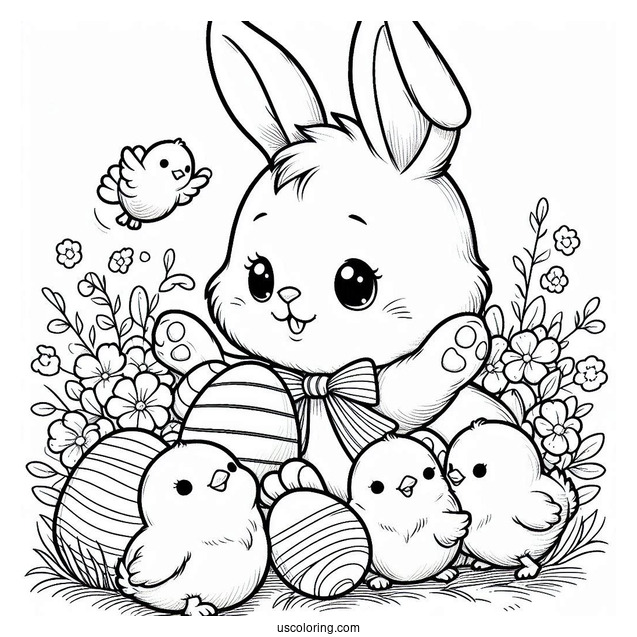 Easter Coloring Page Of Bunny Holding Chicks