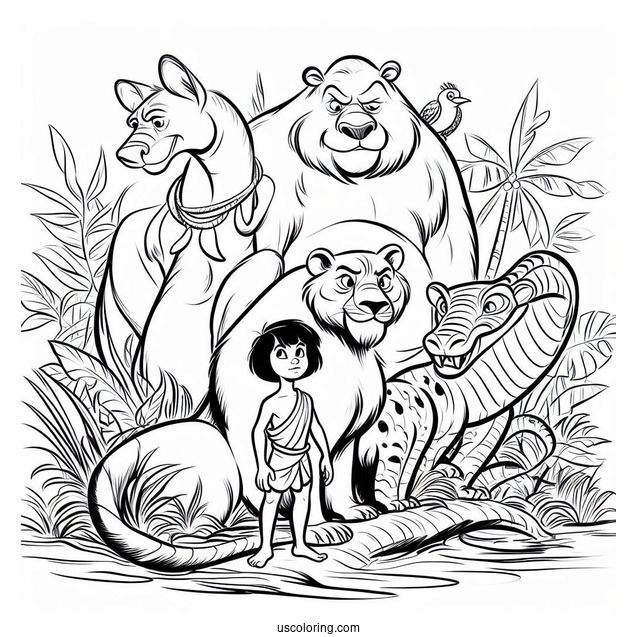 Jungle Book Coloring Page Of Baloo, Mowgli, Kaa, King Louie, And Bagheera