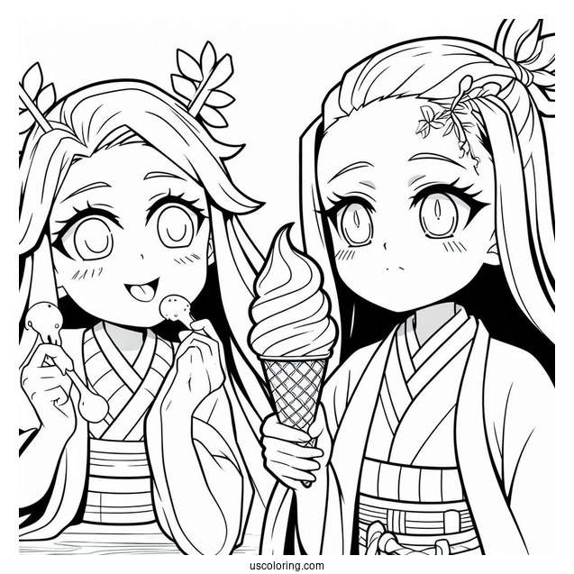 Modern Nezuko Coloring Page And Zenitsu Having Ice Cream
