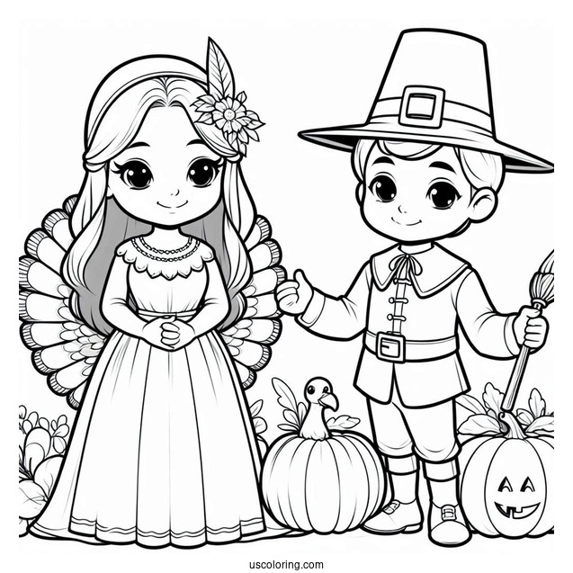 Man And Woman Pilgrim Coloring Page With Turkey And Pumpkin