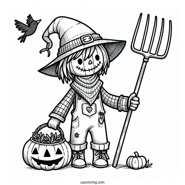 Halloween Scarecrow Coloring Page Holding A Digging Fork
