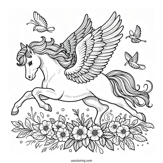 Elegant Pegasus Coloring Page With Flowers