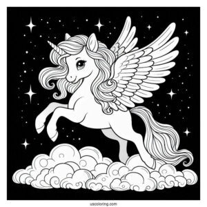 Cute Pegasus Coloring Page In the Night Sky For Kids