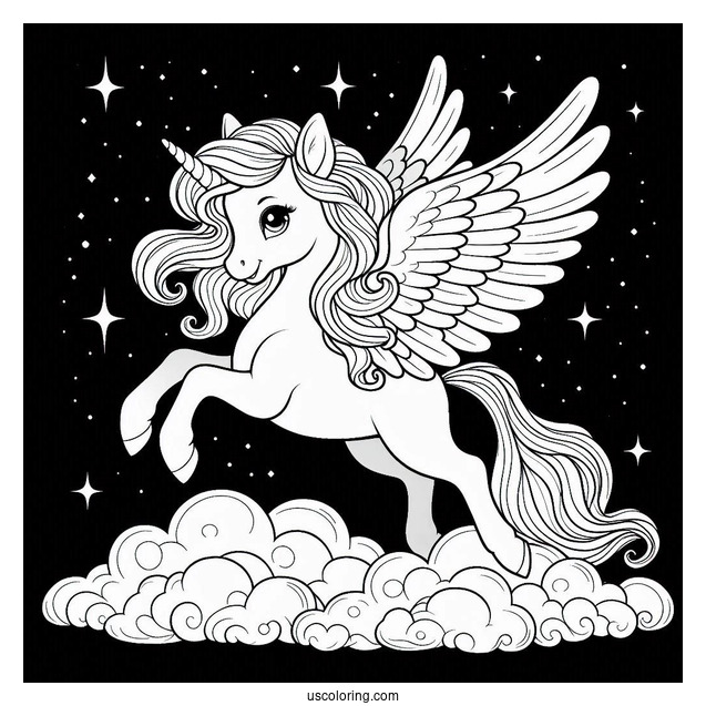 Cute Pegasus Coloring Page In the Night Sky For Kids