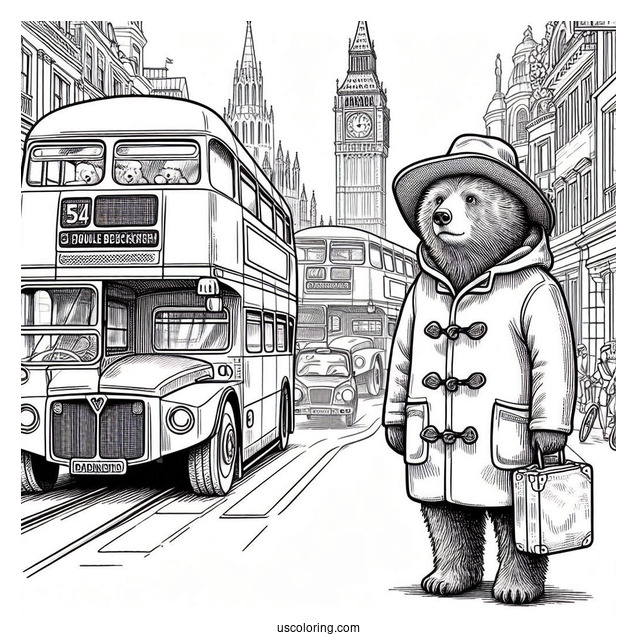 Paddington Coloring Page Bear Staring At A Double Decker In London