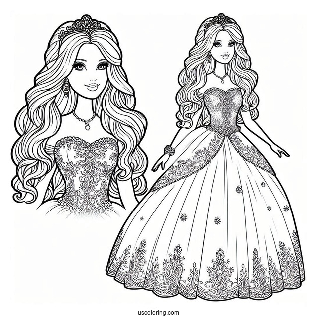 Princess Barbie In Gown Coloring Page