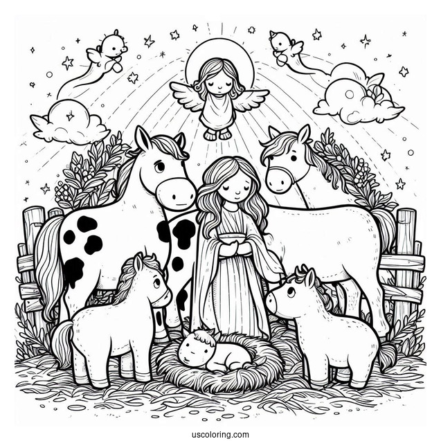 Nativity Coloring Page With Cow And Pony Surrounding Jesus