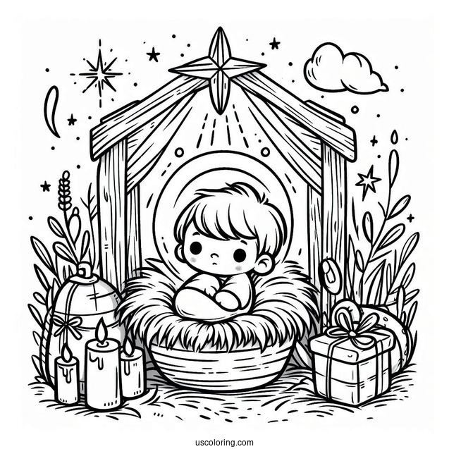 Nativity Coloring Page Of Cute Baby Jesus In The Manger
