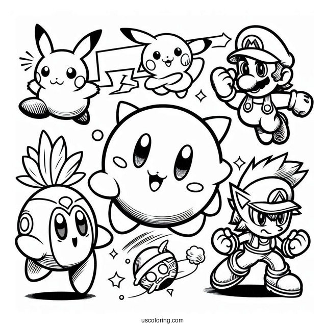 Kirby, Pikachu, Zelda, Sonic, And Little Mac Super Smash Bros Coloring Page