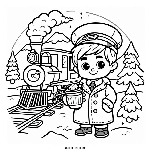 Polar Express Coloring Page Of Cartoon Conductor Holding A Cup Of Hot Coco For Kids