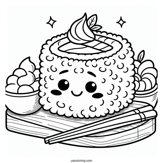 Sushi Coloring Pages Smiling Maki On A Board For Kids
