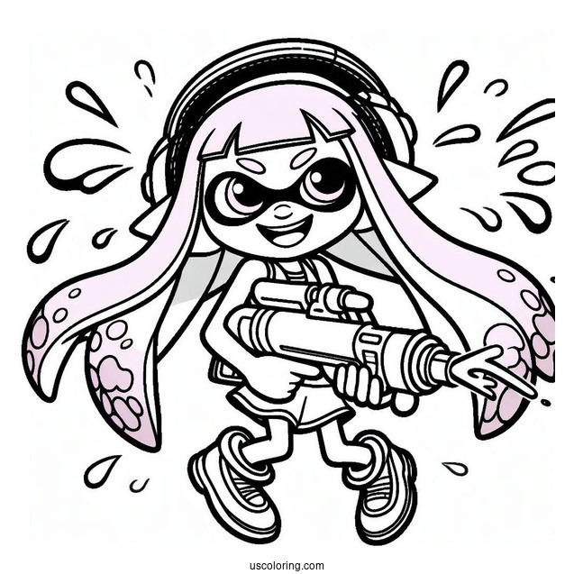 Splatoon Coloring Page Of Happy Pink Inkling Girl Shooting Inkjet