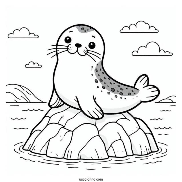 Happy Seal Coloring Page On A Rock For Kids