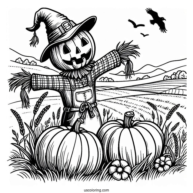 Pumpkin Head Scarecrow Coloring Page On A Vast Field
